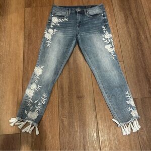 Blank NYC Embroidered Blue Jeans with Tassels at Hem